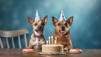 gatto e cane indossare compleanno cappello sorridente con compleanno torta su tavolo. generativo ai foto