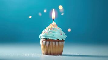 compleanno Cupcake con un' candela su leggero blu sfondo con palloncini. generativo ai foto