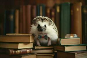ai generato affascinante riccio indossare un' minuscolo arco legare, circondato di libri nel un' accogliente biblioteca. foto