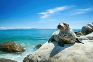 ai generato adorabile bambino foca oziare su un' roccia, con un' scintillante blu oceano e un' luminosa foto