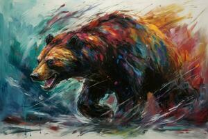 ai generato espressionista raffigurazione di un' ricarica orso, con grassetto, dinamico tratti di pennello e intenso colori. foto