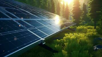 il superficie di il solare batteria con il riflessione di il sole e il cielo futuristico sfondo. verde energia concetto, solare energia pianta con pannelli su il azienda agricola. ai generato foto