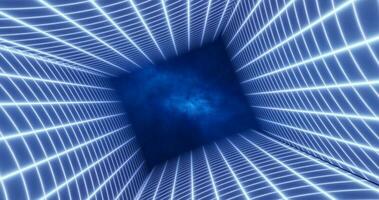 astratto blu energia griglia vorticoso tunnel di Linee nel il superiore e parte inferiore di il schermo magico luminosa raggiante futuristico hi-tech sfondo foto
