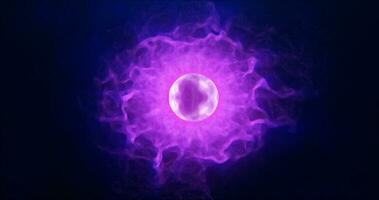 viola energia sfera con raggiante luminosa particelle, atomo con elettroni e elettrico Magia campo scientifico futuristico hi-tech astratto sfondo foto