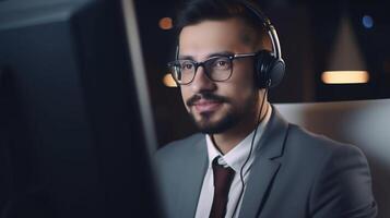 bello maschio chiamata centro lavoratore nel cuffie nel il ufficio lavori a un' computer. il concetto di cliente servizio. ai generato foto