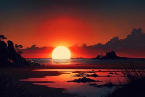 tramonto su il mare, rosso luminosa sole. generativo ai paesaggio illustrazione foto
