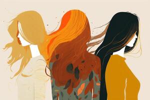 sagome di tre donne senza viso di amici con diverso capelli colori. mentale femmina Salute, amicizia, personaggio concetto. creativo illustrazione generativo ai foto
