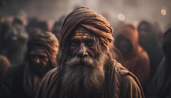 sorridente sadhu nel tradizionale capi di abbigliamento a Festival generato di ai foto