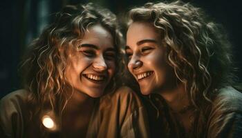 Due giovane donne sorridente, godendo il vita notturna generato di ai foto
