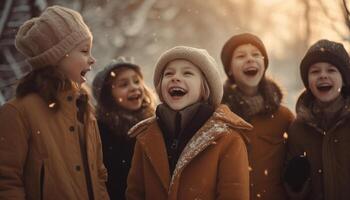 sorridente bambini giocando nel il inverno foresta generato di ai foto