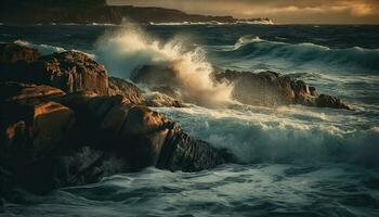 rottura onde spray roccioso costa a tramonto generato di ai foto