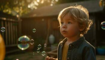 carino caucasico bambino piccolo soffiaggio bolle nel natura generato di ai foto