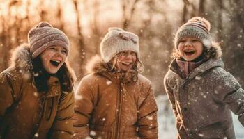 sorridente famiglia abbraccia inverno, godendo nevoso all'aperto generato di ai foto