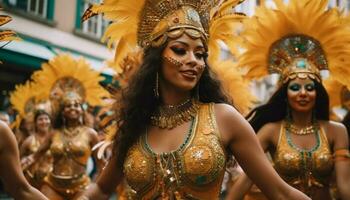 colorato brasiliano samba ballerini portare gioia per all'aperto carnevale celebrazione generato di ai foto