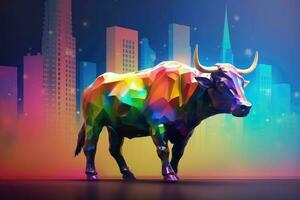 ai generato 3d illustrazione di un' grande colorato Toro su sfocatura città sfondo. attività commerciale e commercio su tendenza concetto. foto
