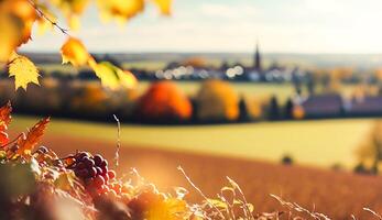 astratto autunno scena e inglese nazione stile Casa villaggio su sfondo, bellissimo campagna natura con autunnale le foglie e bokeh, generativo ai foto