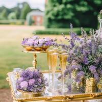 dolce buffet tavolo, cibo ristorazione per nozze, festa vacanza celebrazione, lavanda arredamento, torte e dolci nel un' nazione giardino, generativo ai foto