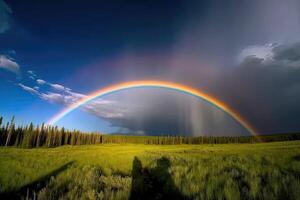 ai generato arcobaleno nel il cielo è un' sbalorditivo Schermo di vivido colori. foto