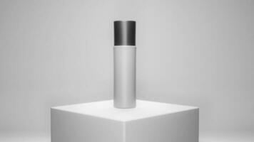 confezione spray cosmetico bottiglia su bianca sfondo. modello per corpo spray o profumo bottiglia Prodotto 3d resa. foto