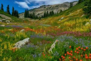 ai generato vivace colori di il fiori selvatici punteggiatura il paesaggio portare vita per il natura selvaggia. foto