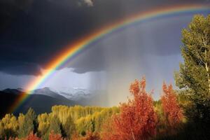 ai generato arcobaleno nel il cielo è un' sbalorditivo Schermo di vivido colori. foto