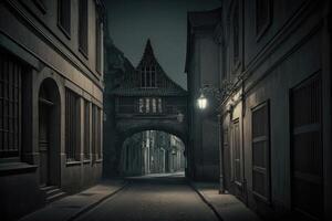 ai generato strada nel il vecchio cittadina su buio sfondo. foto