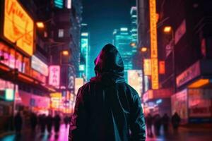 ai generato vivace città strada con neon luci e torreggiante grattacieli. un' persona nel un' cyberpunk attrezzatura con un' visiera passeggiate passato. foto