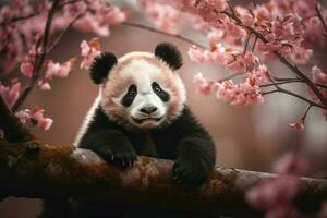 ai generato carino bambino panda seduta su un' albero ramo, circondato di rosa ciliegia fiori e verde foglie, con un' morbido, diffuso leggero getto un' caldo splendore su suo pelliccia. foto