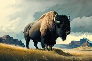 ai generato il bisonte sfiorato pacificamente nel il vasto distesa di il grande pianura, circondato di rotolamento colline e lontano montagne. inchiostro colore la pittura. foto