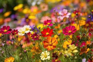 ai generato il arcobaleno colorato fiori fiorito nel abbondanza, Riempimento il aria con loro dolce fragranza. foto