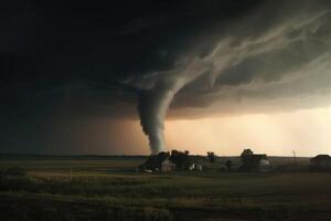 ai generato drammatico Immagine di un' tornado formatura nel il distanza. foto