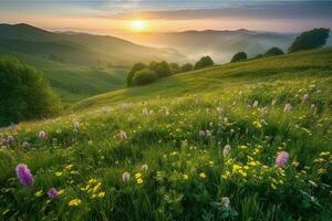 ai generato il baciato dal sole prato teso come lontano come il occhio poteva vedere nel Questo magico terra. foto