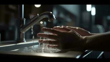 pulito mani scrosciante rinfrescante acqua nel domestico cucina Lavello generato di ai foto