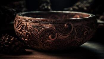 antico terracotta vaso con ornato modello, rustico design e terracotta Materiale generato di ai foto