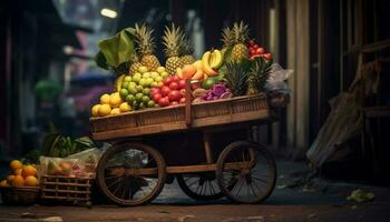 fresco tropicale frutta nel un' di legno cestino per salutare mangiare generato di ai foto