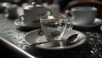 caldo caffè nel elegante piattino su di legno tavolo, no persone generato di ai foto