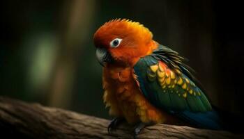 vivace Multi colorato ara arroccato su ramo nel tropicale foresta pluviale generato di ai foto