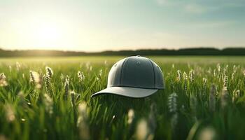 verde berretto su un' baseball campo a tramonto, Perfetto estate sport generato di ai foto