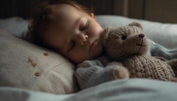 carino caucasico bambino addormentato pacificamente con orsacchiotto orso nel Camera da letto generato di ai foto