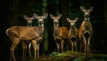 gruppo di carino cervo in piedi nel un' prato, guardare a telecamera generato di ai foto