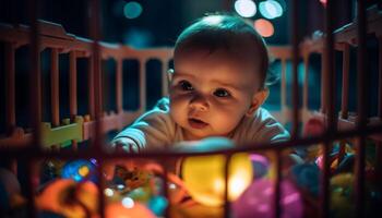 carino bambino ragazzo giocando felicemente nel il suo illuminato culla a notte generato di ai foto