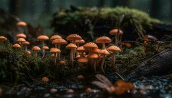 fresco volare agarico fungo berretto macchiato nel bagnato autunno foresta generato di ai foto