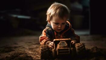 carino bambino piccolo ragazzo giocando all'aperto con giocattolo, sorridente nel natura generato di ai foto