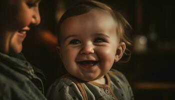 sorridente bambino porta felicità per carino, allegro caucasico famiglia ritratto generato di ai foto