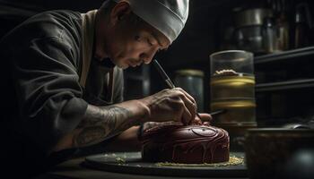 uno uomo fabbricazione cioccolato dolce, Tenere opera attrezzo in casa generato di ai foto