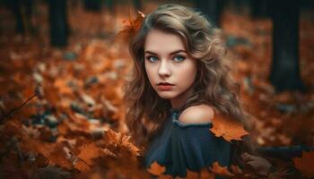 autunno bellezza uno donna eleganza e felicità nel natura abbraccio generato di ai foto