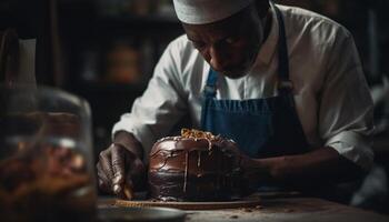 uno uomo fabbricazione fatti in casa cioccolato dolce nel commerciale cucina generato di ai foto