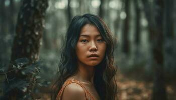 bellissimo giovane donna in piedi nel autunno foresta, trasudante fiducia generato di ai foto