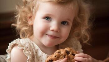 carino biondo bambino piccolo ragazza sorridente mentre mangiare cioccolato biscotto in casa generato di ai foto