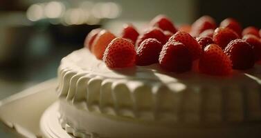 indulgente fatti in casa bacca torta di formaggio con frustato crema e cioccolato decorazione generato di ai foto